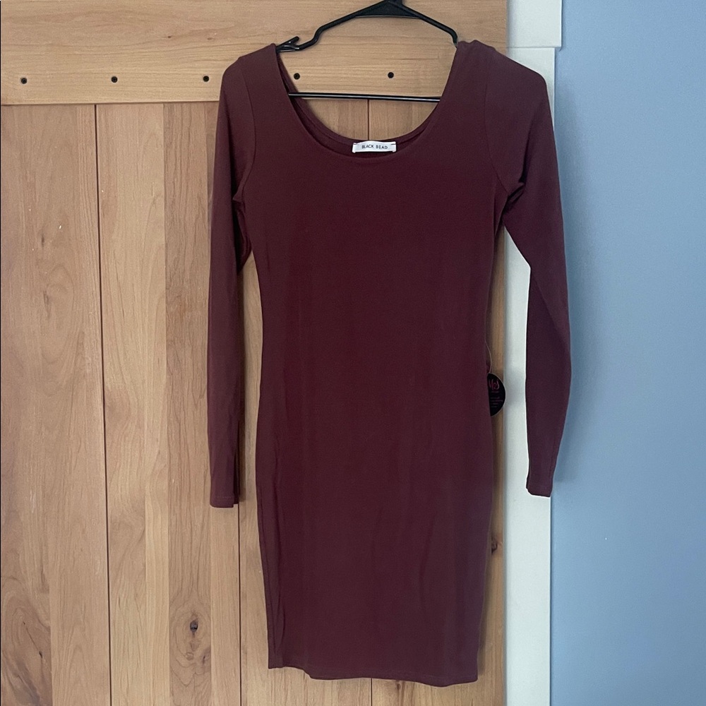 Black Bead Burgundy Long Sleeve Dress